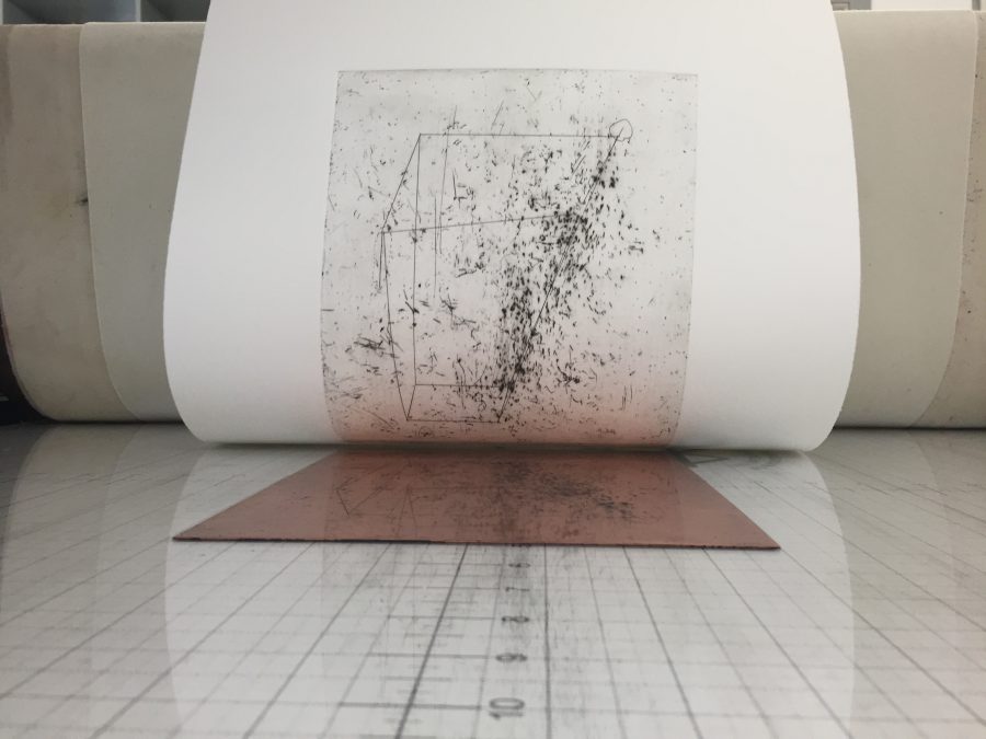 Printing demonstration at CCP, using a copper plate. As yet, this work is untitled as it is unfinished. Hobbs will complete it with DKP master printer Jillian Ross at our Arts on Main workshop in the upcoming months.