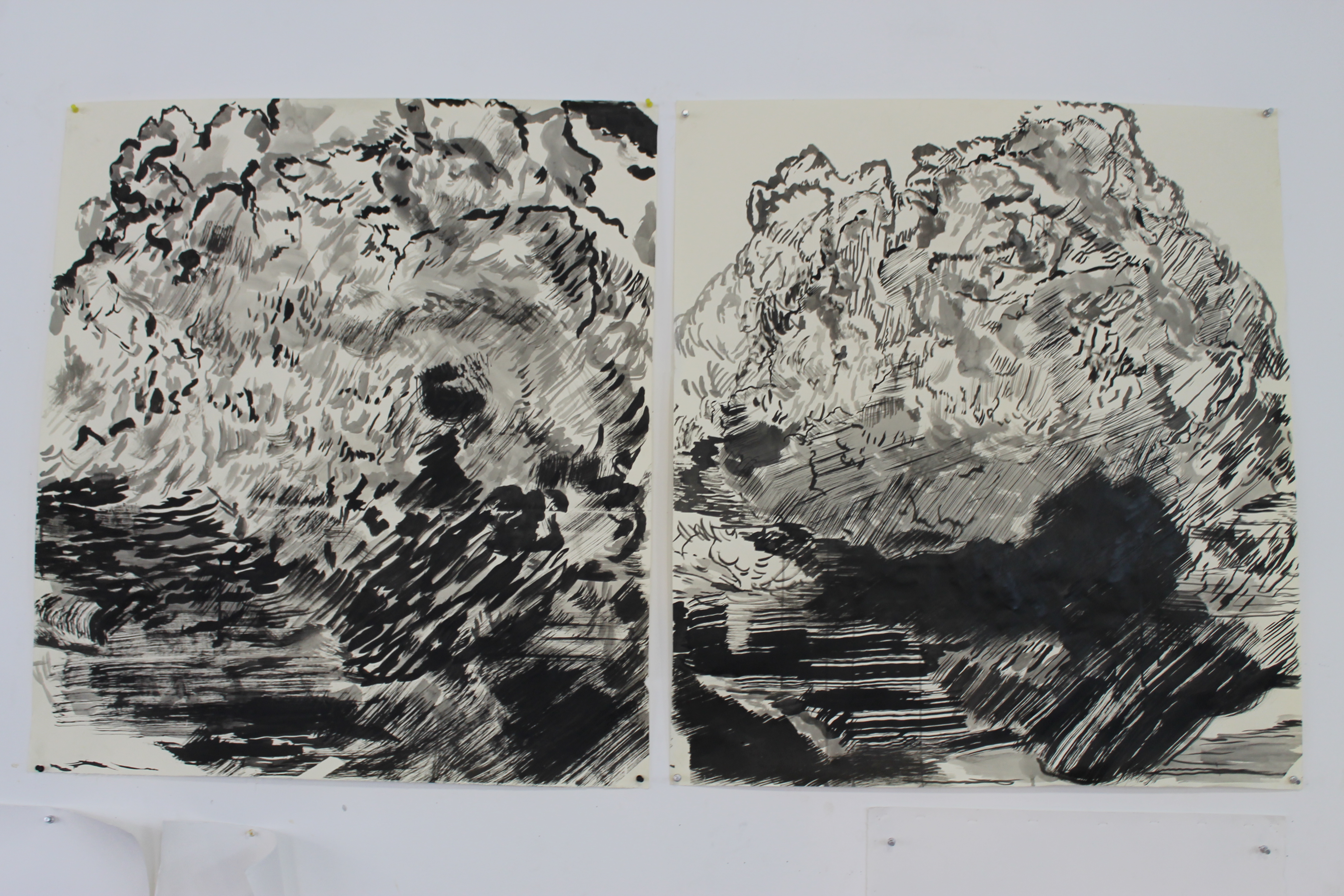 Penn made two ink drawings of the same cloud image, experimenting with different marks and compositions. 