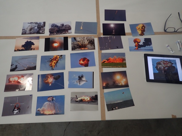 Hindley draws on a variety of photographic images as inspiration for his watercolour monotypes. The photographs are low resolution cell phone shots that relate to drone and plane explosions happening in war-torn countries, such as Syria.