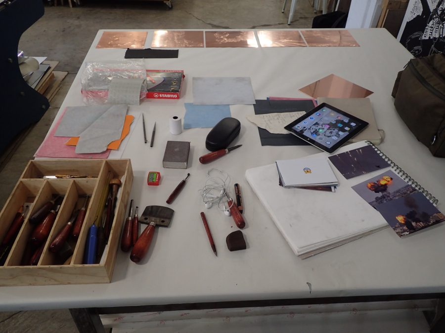 Hindley's works in progress. Source materials and burnishing tools.