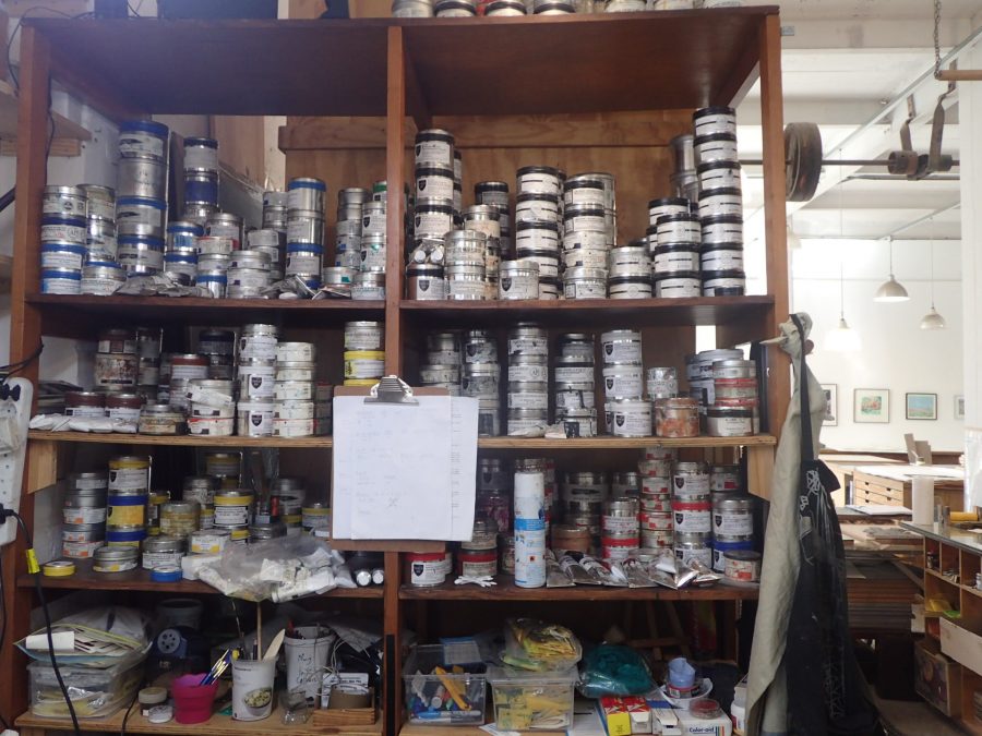 Inks galore: Jill keeps the workshop stocked with a wide range of ink colours, which are rarely used in their original form.