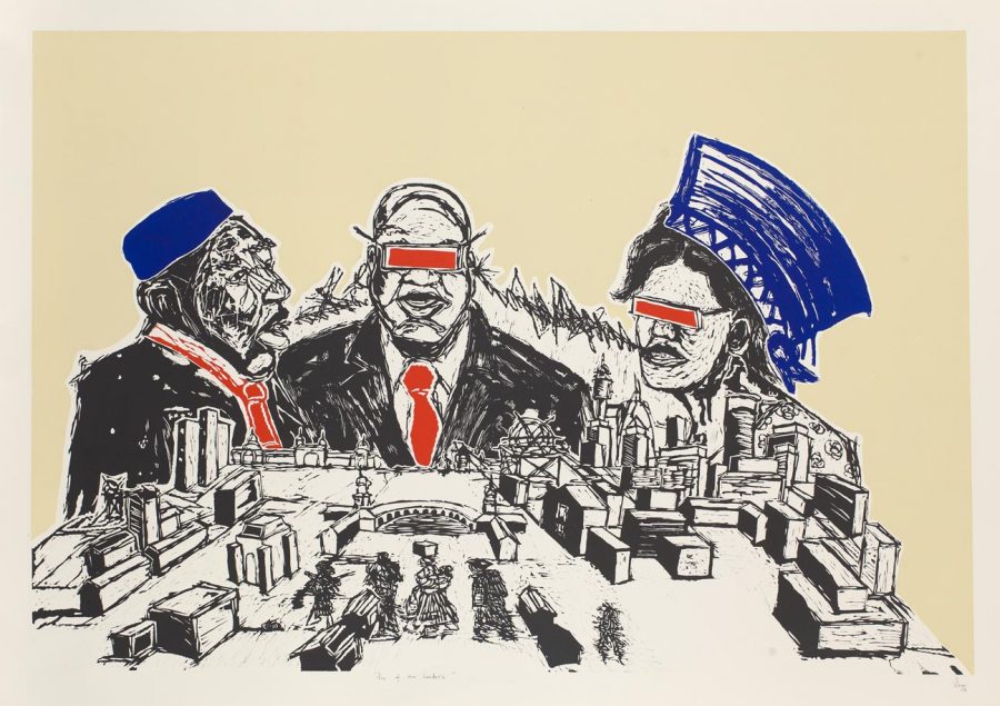 Sins of our leaders, linocut by Senzo Shabangu - temporarily removed for framing.