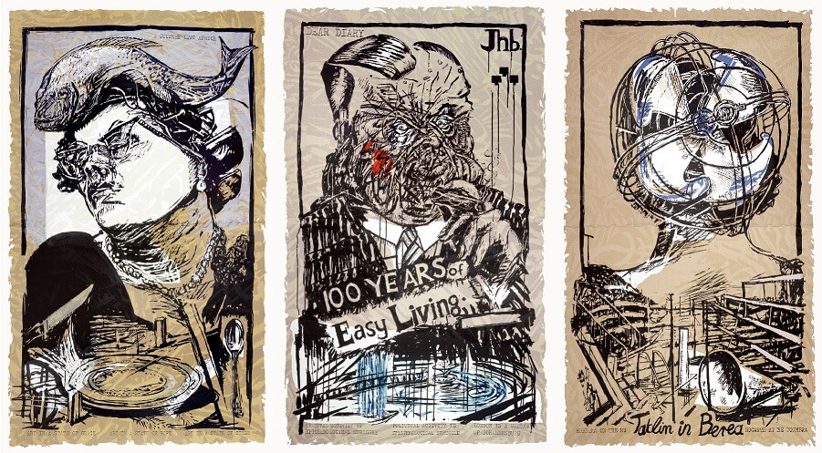 William Kentridge. Art in a State of Grace; Art in a State of Hope (Tatlin in Berea); Art in a State of Siege (100 Years of Easy Living). 1986. Silkscreen Print on Brown Paper.