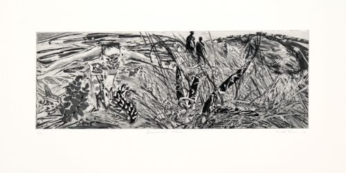 heidi fourie artwork drypoint etching blackened stems landscape of grasses with two figures in the distance