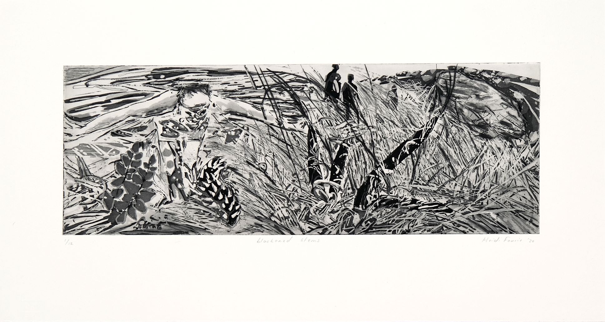 heidi fourie artwork drypoint etching blackened stems landscape of grasses with two figures in the distance
